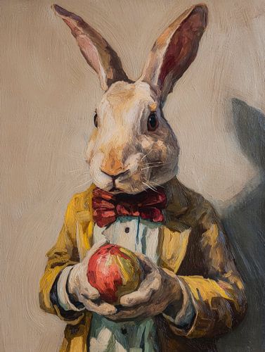 Lapin de Pâques avec œuf rouge dans un portrait classique