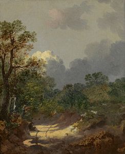 Boomachtig landschap met een rustende herder bij een zonnig pad en schapen, Thomas Gainsborough