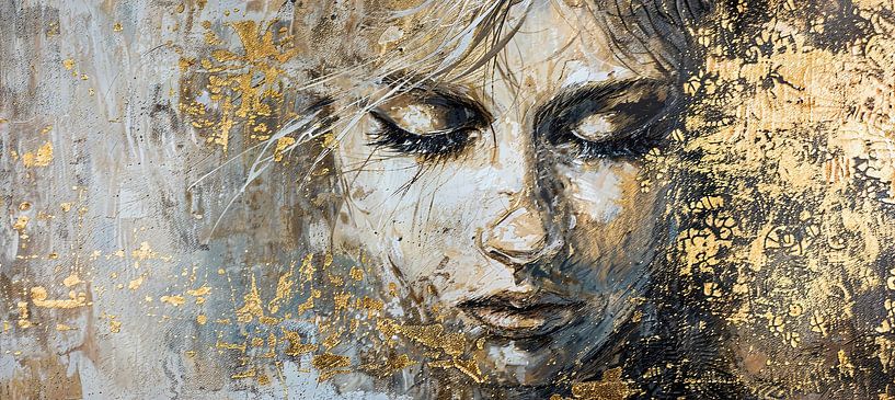 Vrouw Gouden Portret | Whispered Gold Essence van Kunst Kriebels
