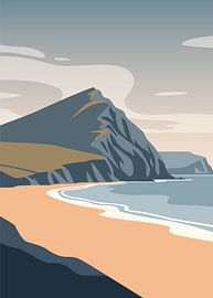 Flat nature vector illustration of a dramatic coastal mountain peak overlooking a serene sandy beach bay. by Adam Khabibi