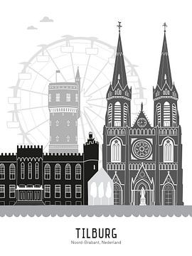 Skyline illustratie stad Tilburg in zwart-wit-grijs (kermis) van Mevrouw Emmer