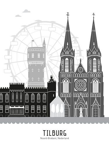 Skyline illustration city of Tilburg in black-and-white-grey (fairground) by Mevrouw Emmer