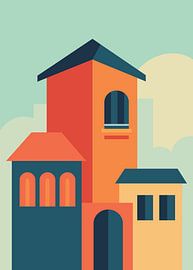 Modern geometric city building illustrations in a minimalist flat vector style with vibrant retro colors.