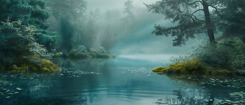 Mistige weerspiegeling van een bergmeer van fernlichtsicht