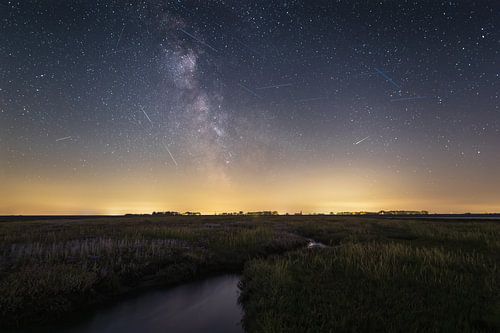 Nightscape with Milky Way and Falling Stars: Magic in the Sky and on Earth