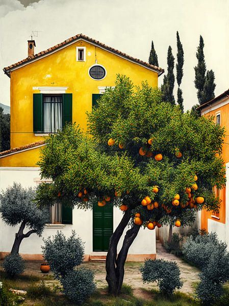 Landscape Italy stylised graphic houses oranges trees by gm_designs