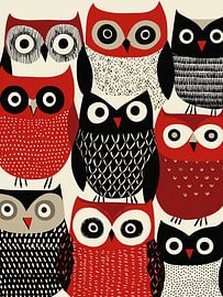 Graphic owls in black and red by Lauren Wilde