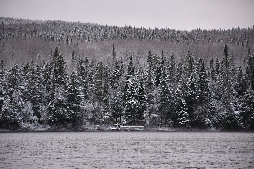 First snow on the lake in autumn by Claude Laprise