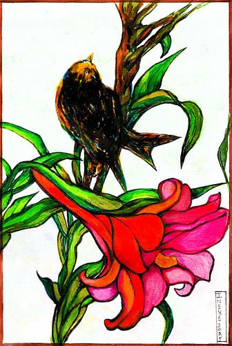 Small bird and a pink flower, by Ineke de Rijk