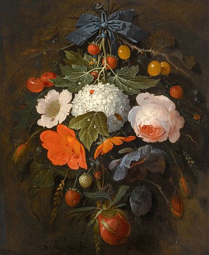 Een Festoen van bloemen en fruit, Abraham Mignon