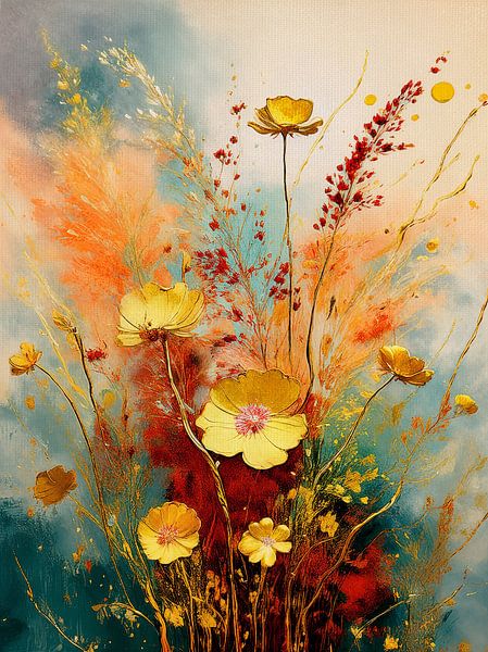 Gouden herfst schilderij: Bloemen en grassen van Studio Pieternel