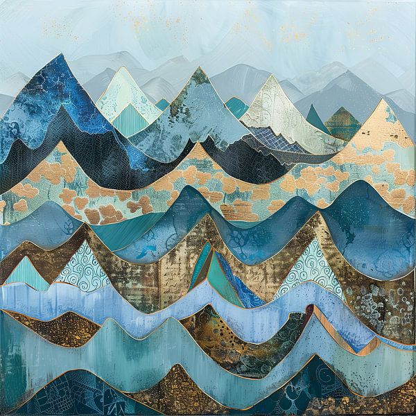 Berglandschap in blauw en goud - Abstracte harmonie van Poster Art Shop