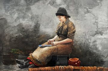 A Fishergirl Baiting Lines (1881) door Winslow Homer. van Studio POPPY