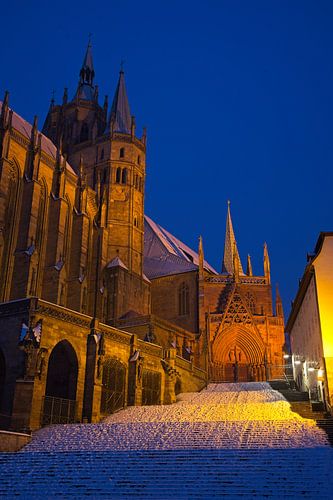 Erfurt Cathedral in the snow in winter during the blue hour