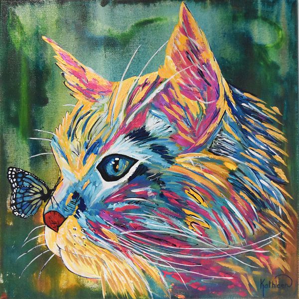 Kat en vlinder van Kathleen Artist Fine Art