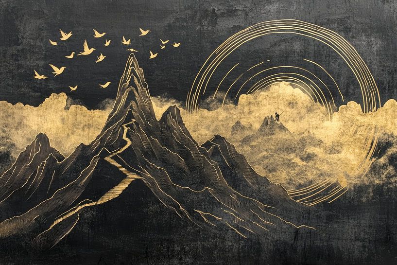 Adventurous mountain peaks with golden sunshine and birds in flight by Digitale Schilderijen