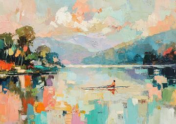 Kayak orange sur un lac tranquille