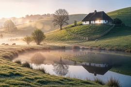 Haus auf dem Hügel spiegelt sich bei Sonnenaufgang im Teich