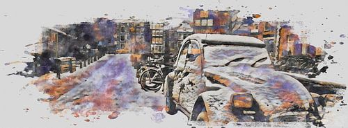 Amsterdam, Looiersgracht met 2CV in de sneeuw