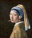 Girl with a pearl earring with cigarette and headphones by Patricia Hofmeester thumbnail