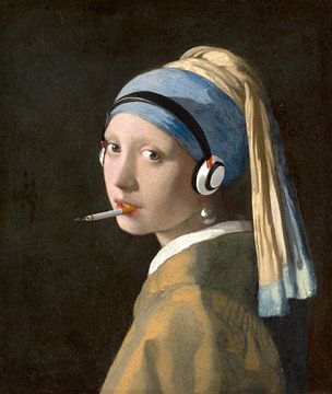 Meisje met de parel met sigaret en koptelefoon van Patricia Hofmeester