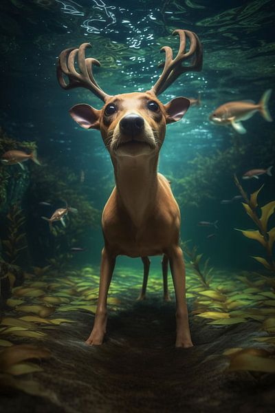 Deer swims underwater in surreal dream by Art & Soul Creations
