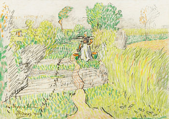 Peasant woman with milk buckets on her shoulders, walking through a wheat field (1906) by Jan Toorop