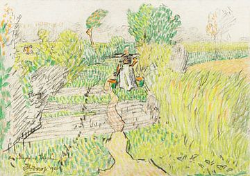 Peasant woman with milk buckets on her shoulders, walking through a wheat field (1906) by Jan Toorop van Studio POPPY