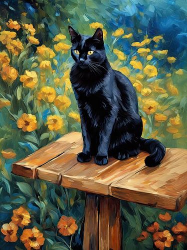 Zwarte kat in de bloementuin op een houten steiger