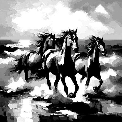 Chevaux au galop dans le ressac (noir et blanc)