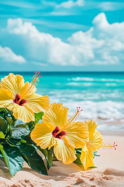 Yellow hibiscus flowers on the beach by Poster Art Shop