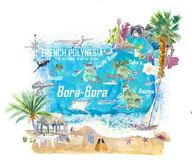 Bora Bora Inseln Französisch Polynesien Illustrierte Reisekarte mit touristischen Highlights von Markus Bleichner
