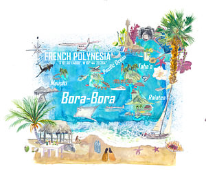 Bora Bora Inseln Französisch Polynesien Illustrierte Reisekarte mit touristischen Highlights