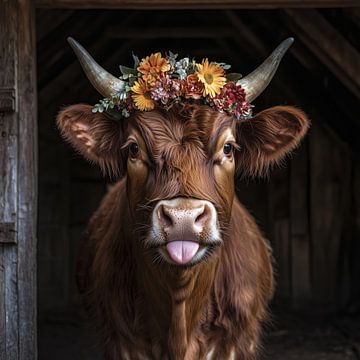 Rustiek rundvlees met een bloemenkroon - een charmant portret van MArt
