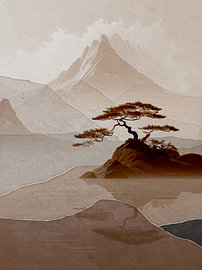 ZEN ART: Berglandschaft mit Bonsai und Spiegelung im Wasser