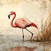 Flamingo in Silence Elegant Walk through Vintage Water Landscape (Flamant rose en silence) sur Eva Lee