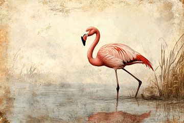 Flamingo in Stilte Elegante Wandel door Vintage Waterlandschap van Eva Lee
