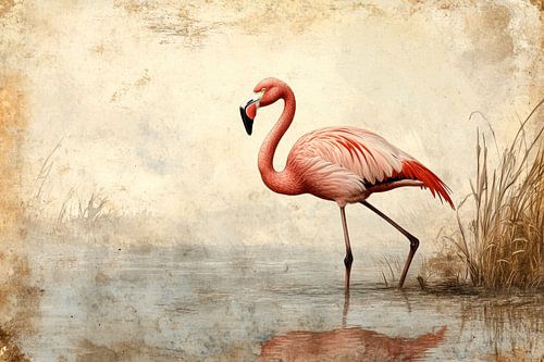 Flamingo in Stilte Elegante Wandel door Vintage Waterlandschap van Eva Lee
