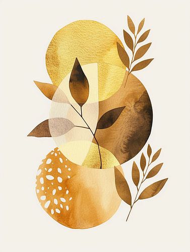 Abstract Botanical Watercolor Shapes with Gold Accents and Leaf Motifs