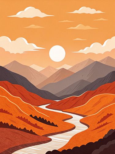 Sérénité au coucher du soleil : Rivière sinueuse traversant des vallées orange vif et des pics montagneux lointains