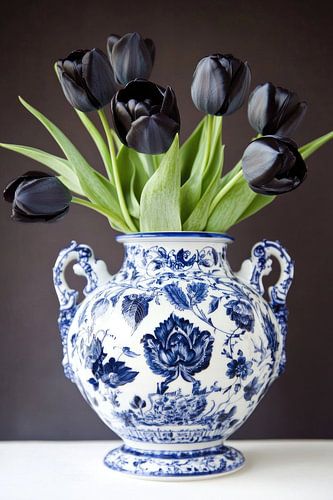 Black tulips in Delft Blue Vase