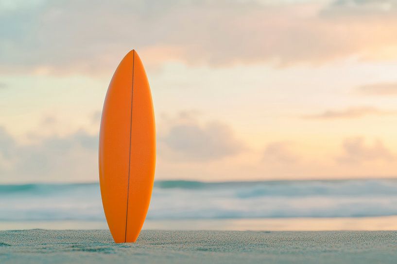 Orange surfboard on the beach at sunset by Poster Art Shop