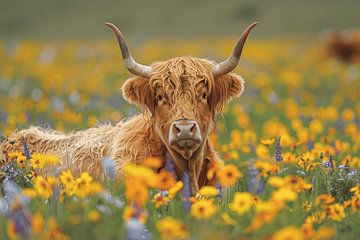 Schotse Hooglander in een zee van bloemen van Poster Art Shop