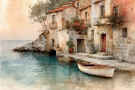 Dorf am Blauen Wasser – Aquarellbild von Peter Pen Zeichnungen und Gemälde