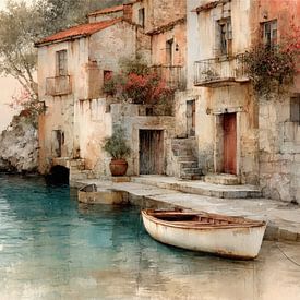 Village au bord de l'eau bleue - Aquarelle sur Dessins et peintures de Peter Pen