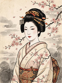Une élégante geisha sous les branches de cerisiers en fleurs sur my pixel art