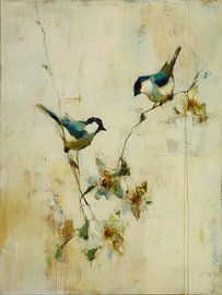 Gentle birds on a blossom-covered branch