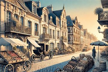 Morgen in der Belle Époque - historische Straßenszene mit Markt und Kutsche von Kleurenrijk