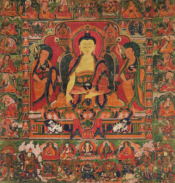 Bouddhiste,Triade Sakyamuni et seize Arhats, statue de Bouddha par finemasterpiece