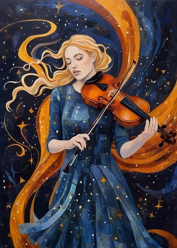 Vrouw speelt viool in sterrennacht